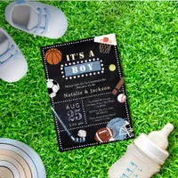 Chalkboard Sport Theme Baby Boy Shower Invitation