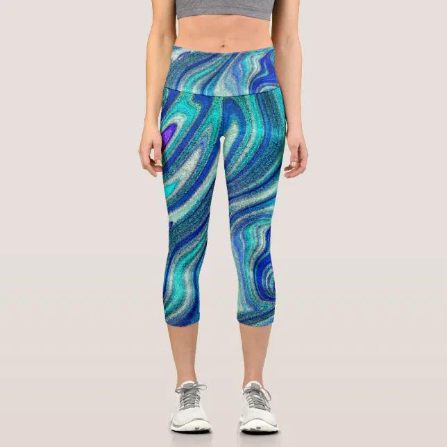 Elegant Aquamarine Paua Rainbow Shell Inspired Capri Leggings