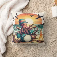 Octopus Playing Drums Near Sunset Beach Throw Pillow