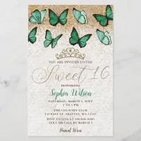 Budget Green Gold Butterfly Sweet 16 Invitation