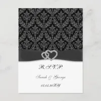 damask diamante charcoal wedding RSVP Invitation Postcard