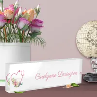 Pink Floral Stethoscope Heart Medical Nurse Doctor Desk Name Plate