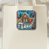 Log Cabin on Christmas Eve  Square Sticker