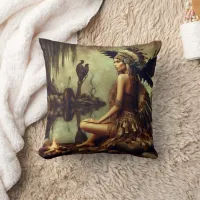 Native American Woman With Raven By A Campfire Throw Pillow