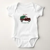 EDITABLE Red and Green Plaid Christmast Tree Truck Baby Bodysuit