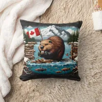 Canadian Beaver, Flag, Mountain, Ocean Throw Pillow