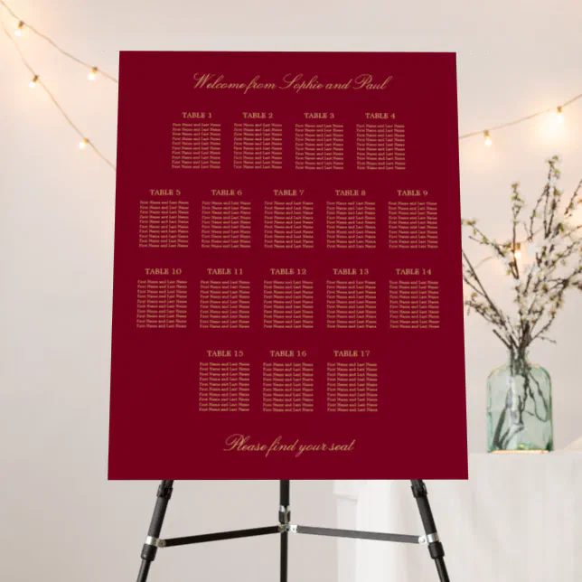 Burgundy Gold 17 Table Seating Chart Foam Board