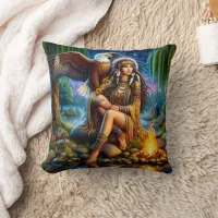 Native American Woman by Water at Night Throw Pillow