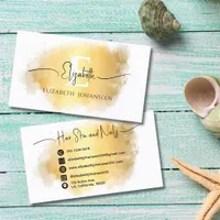 Gold Brush Stroke White Monogram Black Script Name Business Card