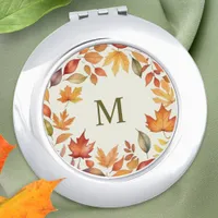 Pretty Whimsical Chic Autumn Fall Leaves Monogram Compact Mirror