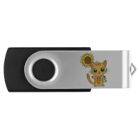 Cute Orange Kawaii Cat with Sunflower Flash Drive