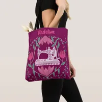 Vintage Sewing Machine & Floral Fuchsia  Tote Bag