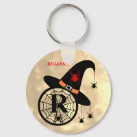 Monogram R Halloween Sky Witch Spiders Name Keychain