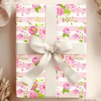 Watercolor English Roses Pink White Stripes Wrapping Paper