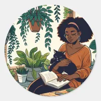 Woman Relaxing with her cat, book and plants Classic Round Sticker