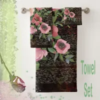 Pink floral black bath towel set