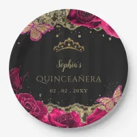 Vintage Pink Roses Black Gold Lace Quincea&#241;era Paper Plates