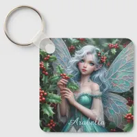 Beautiful December Fairy in Holly Keychain