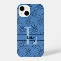 Blue Hearts Pattern Monogram and Name Custom iPhone 14 Case