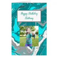 Large Teal and Turquoise Marble Photo Birthday   Card