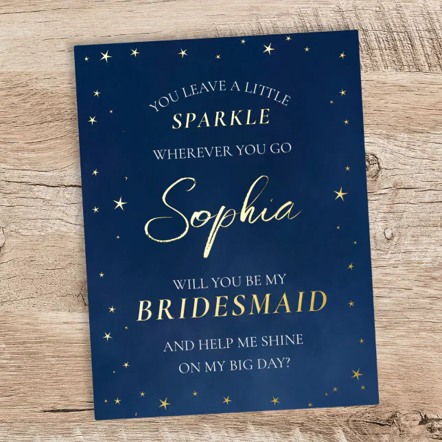 Foil Stars Celestial Navy Bridesmaid Proposal Card