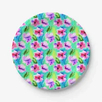 Pink, Purple, Green and Blue Watercolor Flowers Paper Plates