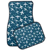 White Airplane Pattern on Dark Blue Aviation Theme Car Floor Mat