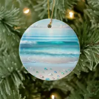 Pretty Blue Ocean Waves and Sea Glass Personalized Ceramic Ornament