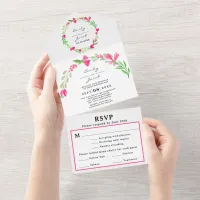 Elegant Pink Floral Greenery White Wedding RSVP All In One Invitation