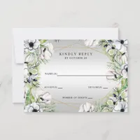 Silver White Anemone Gold Geometric Wedding RSVP Card