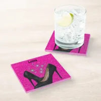 Black Glitter High Heel Shoe on Bright Pink | Glass Coaster