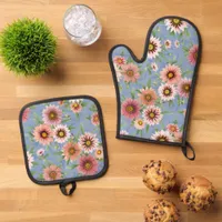 Pink Daisies on Blue Floral Botanical Art Oven Mitt & Pot Holder Set