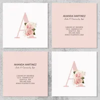 Pale Rose Gold Glitter Floral Monogram A Square Business Card