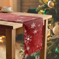 White Snowflakes with Red Background Table Runner