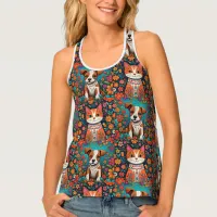 Whimsical Cats and Dog with Folk Art Flowers Tank Top