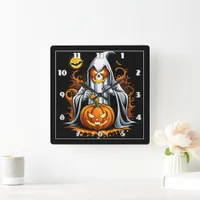 Ghost preps pumpkins for Halloween! Square Wall Clock