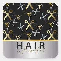 Shiny Gold & Silver Scissors Pattern Hairstylist  Square Sticker