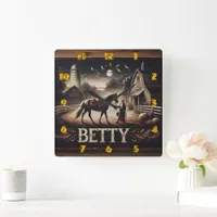 Horse and Rider Near Barn at Dusk Square Wall Clock