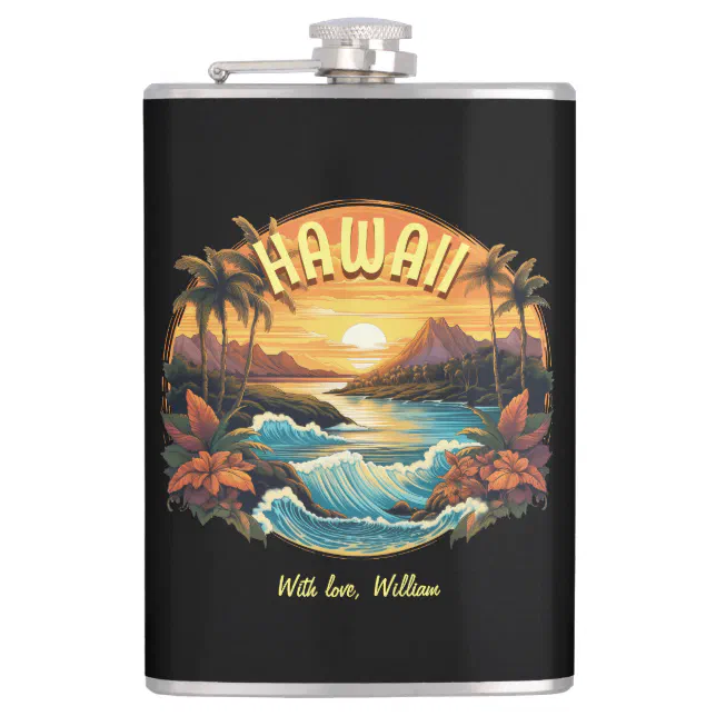 Vintage Art Sunset at Hawaii Beach Mountains Flask