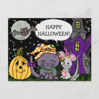 Happy Halloween Black Cat and Mouse Cute Postcard