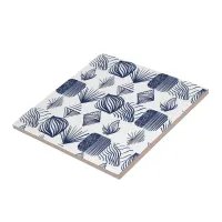 Bold Caribbean Tribal Mudcloth: White, Navy Blue Ceramic Tile