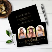 Elegant Boho Arch Black Gold 3 Photo Graduation Invitation