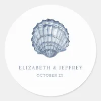 Rustic Blue Seashells Marine Ocean Beach Wedding  Classic Round Sticker