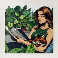 Comic Book Style Woman, Cat and Book Jigsaw Puzzle