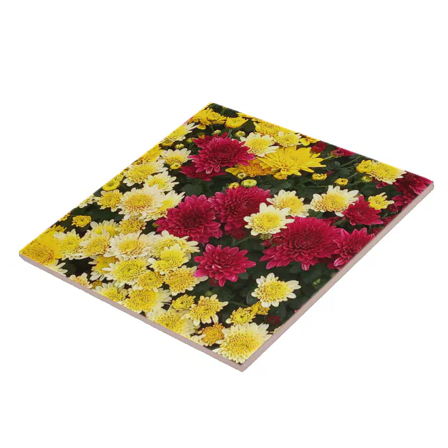 Stunning Red Gold Autumn Chrysanthemum Flowers Ceramic Tile