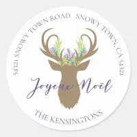 Boho French Christmas Reindeer Typography Address Classic Round Sticker