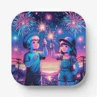 Children Holding up Fireworks on July 4th Paper Plates