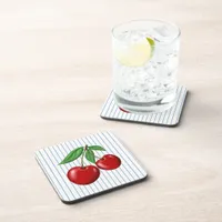 Red Cherries on Blue Stripes Graphic Pattern Beverage Coaster