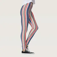 Sailor Stripes Nautical Blue, Red, White, Gray Leggings