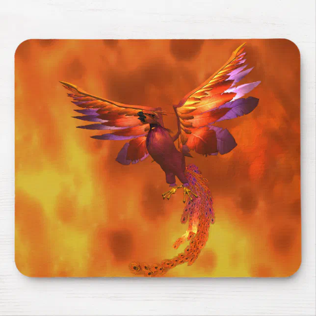 Colorful Phoenix Flying Against a Fiery Background Mouse Pad